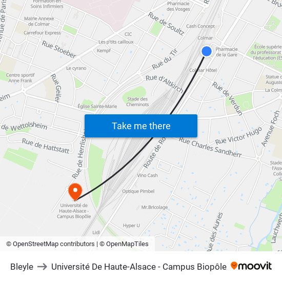 Bleyle to Université De Haute-Alsace - Campus Biopôle map