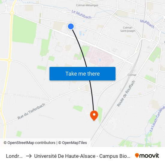 Londres to Université De Haute-Alsace - Campus Biopôle map