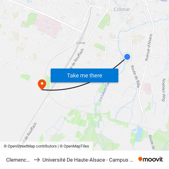 Clemenceau to Université De Haute-Alsace - Campus Biopôle map