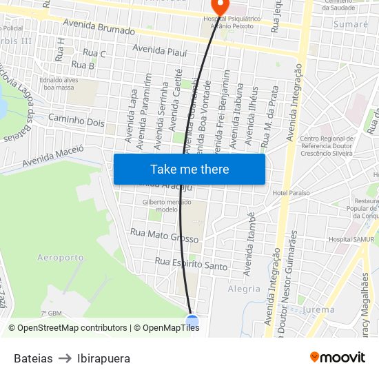 Bateias to Ibirapuera map