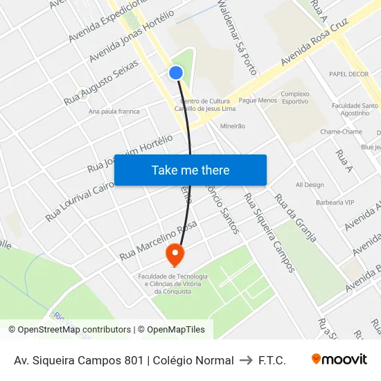 Av. Siqueira Campos 801 | Colégio Normal to F.T.C. map