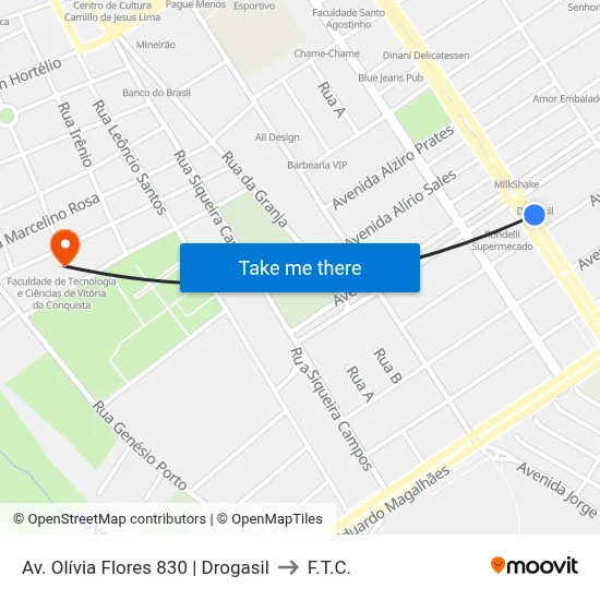 Av. Olívia Flores 830 | Drogasil to F.T.C. map