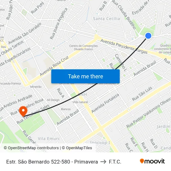 Estr. São Bernardo 522-580 - Primavera to F.T.C. map