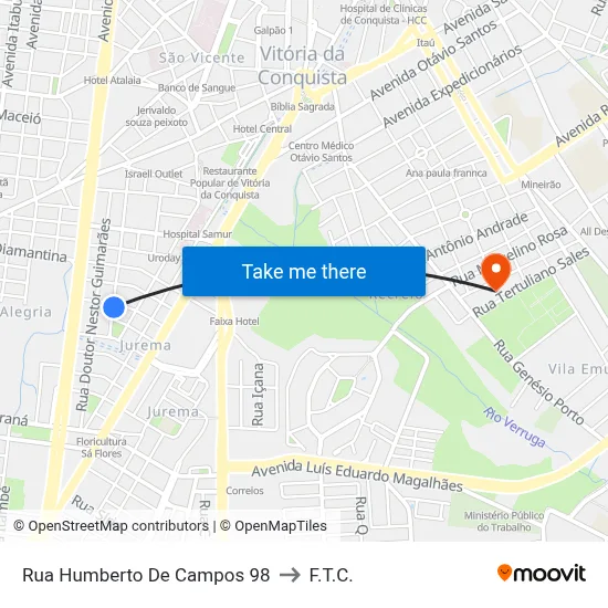 Rua Humberto De Campos 98 to F.T.C. map