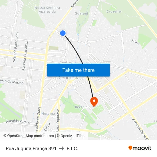 Rua Juquita França 391 to F.T.C. map