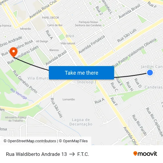 Rua Waldiberto Andrade 13 to F.T.C. map