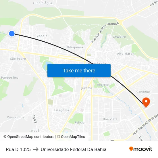 Rua D 1025 to Universidade Federal Da Bahia map