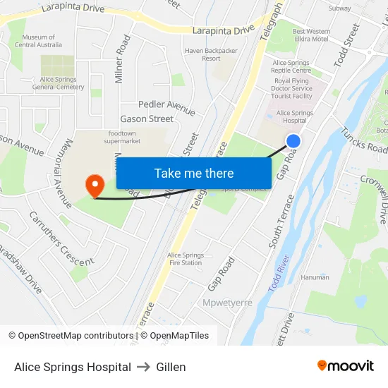 Alice Springs Hospital to Gillen map