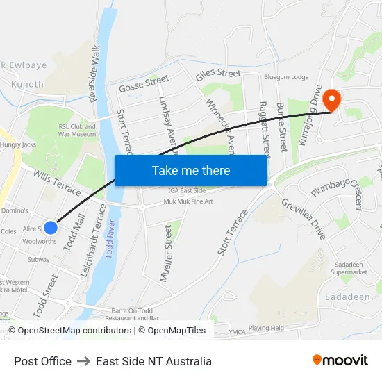 Post Office to East Side NT Australia map