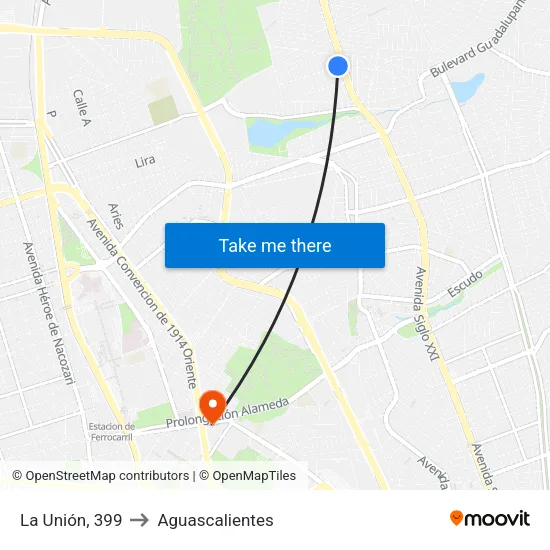 La Unión, 399 to Aguascalientes map