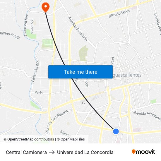 Central Camionera to Universidad La Concordia map