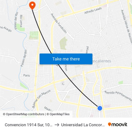 Convencion 1914 Sur, 101a to Universidad La Concordia map