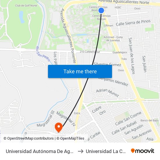 Universidad Autónoma De Aguascalientes to Universidad La Concordia map