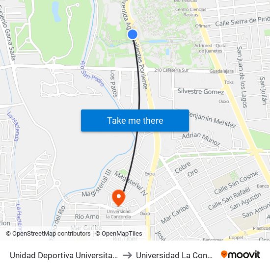 Unidad Deportiva Universitaria Uaa to Universidad La Concordia map