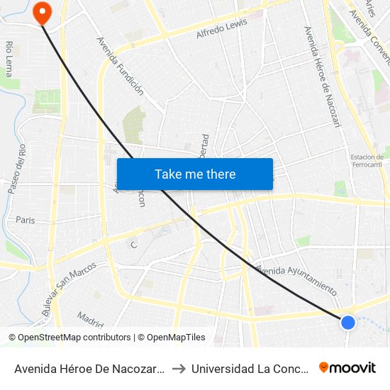 Avenida Héroe De Nacozari, 102 to Universidad La Concordia map