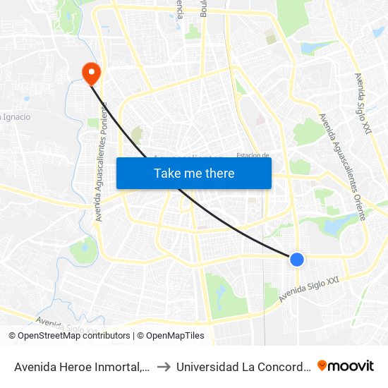 Avenida Heroe Inmortal, 1 to Universidad La Concordia map