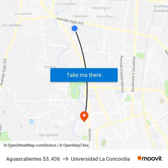 Aguascalientes 53, 436 to Universidad La Concordia map