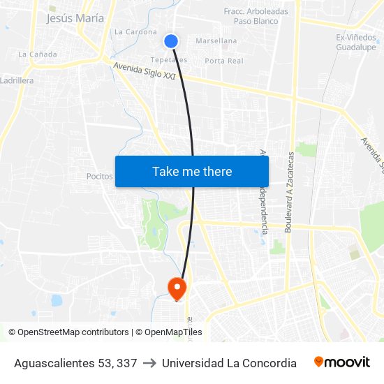 Aguascalientes 53, 337 to Universidad La Concordia map
