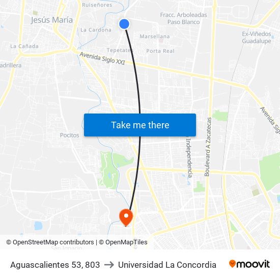 Aguascalientes 53, 803 to Universidad La Concordia map