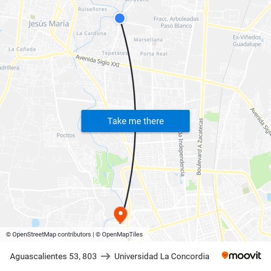 Aguascalientes 53, 803 to Universidad La Concordia map