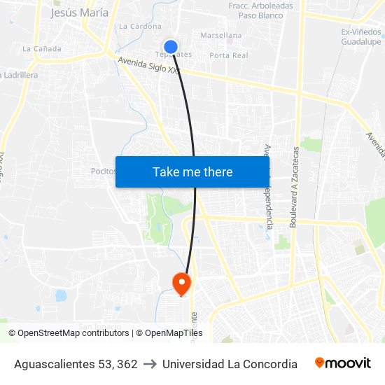 Aguascalientes 53, 362 to Universidad La Concordia map