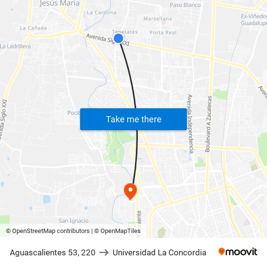 Aguascalientes 53, 220 to Universidad La Concordia map