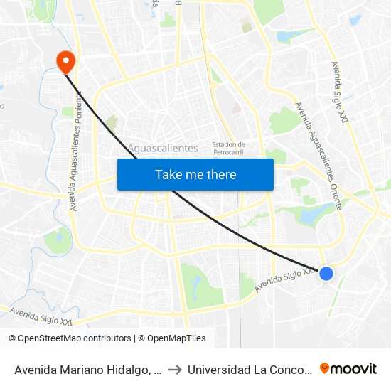 Avenida Mariano Hidalgo, 101 to Universidad La Concordia map