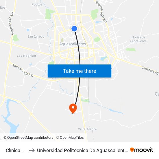 Clínica 10 to Universidad Politecnica De Aguascalientes map