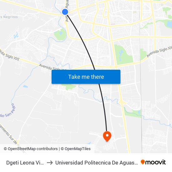 Dgeti Leona Vicario to Universidad Politecnica De Aguascalientes map