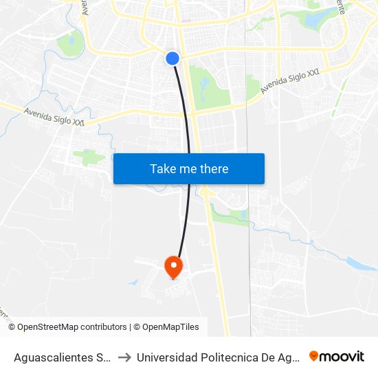 Aguascalientes Sur, 114a to Universidad Politecnica De Aguascalientes map