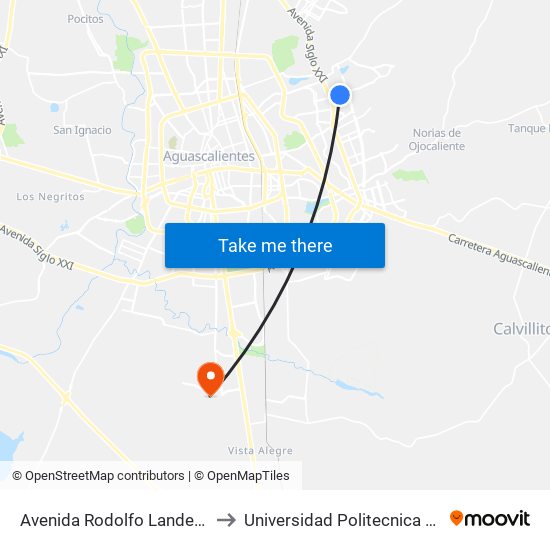 Avenida Rodolfo Landeros Gallegos, 631 to Universidad Politecnica De Aguascalientes map