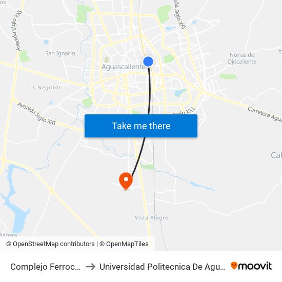 Complejo Ferrocarrilero to Universidad Politecnica De Aguascalientes map