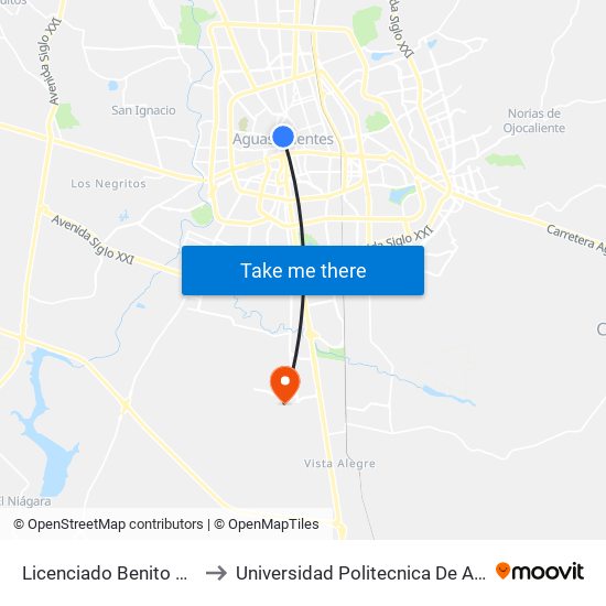 Licenciado Benito Juárez 304 to Universidad Politecnica De Aguascalientes map