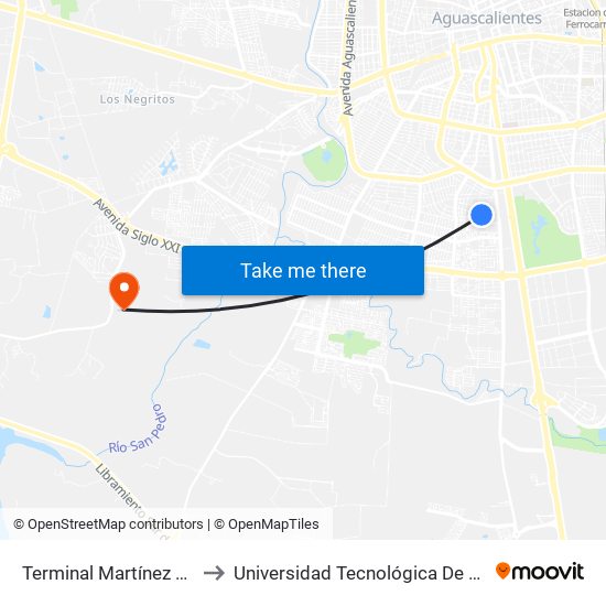 Terminal Martínez Domínguez to Universidad Tecnológica De Aguascalientes map
