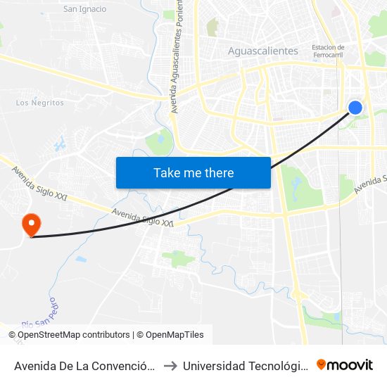 Avenida De La Convención De 1914 Oriente, 1101 to Universidad Tecnológica De Aguascalientes map