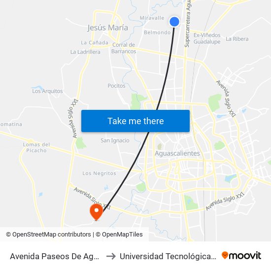 Avenida Paseos De Aguascalientes, 1102 to Universidad Tecnológica De Aguascalientes map