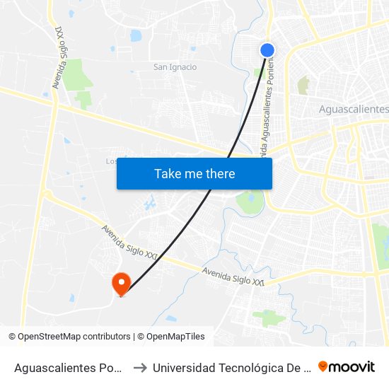 Aguascalientes Poniente, 1116 to Universidad Tecnológica De Aguascalientes map