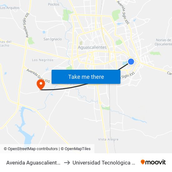Avenida Aguascalientes Oriente, 706 to Universidad Tecnológica De Aguascalientes map