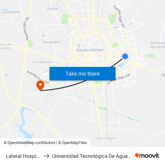Lateral Hospital #2 to Universidad Tecnológica De Aguascalientes map