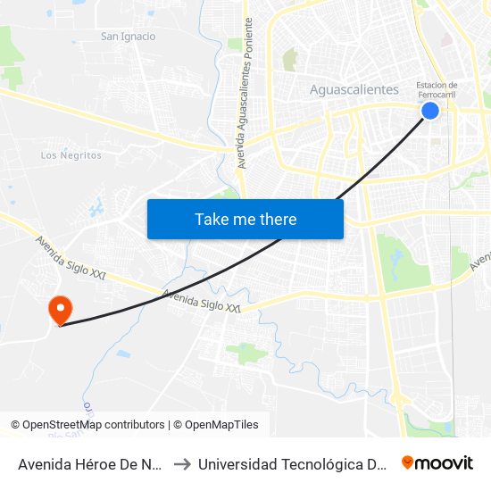 Avenida Héroe De Nacozari, 405a to Universidad Tecnológica De Aguascalientes map