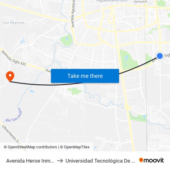 Avenida Heroe Inmortal, 1009 to Universidad Tecnológica De Aguascalientes map