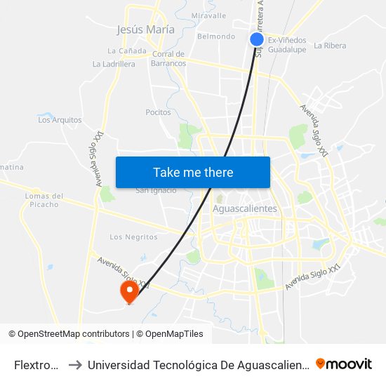 Flextronix to Universidad Tecnológica De Aguascalientes map