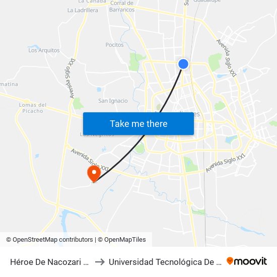 Héroe De Nacozari Norte, 3005 to Universidad Tecnológica De Aguascalientes map