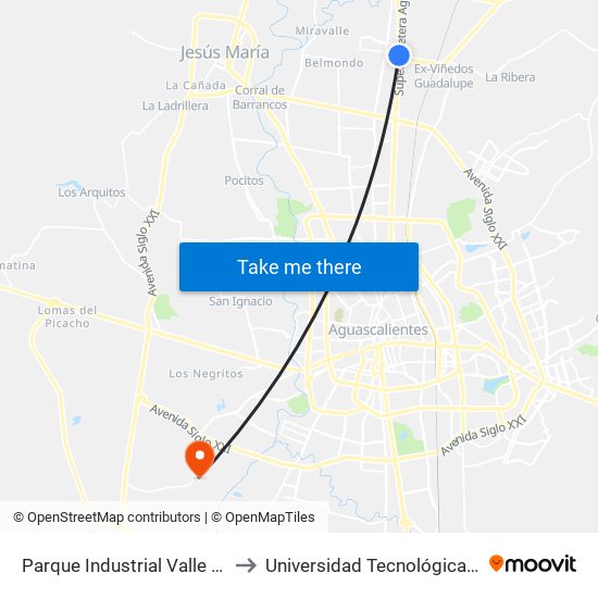 Parque Industrial Valle De Aguascalientes to Universidad Tecnológica De Aguascalientes map