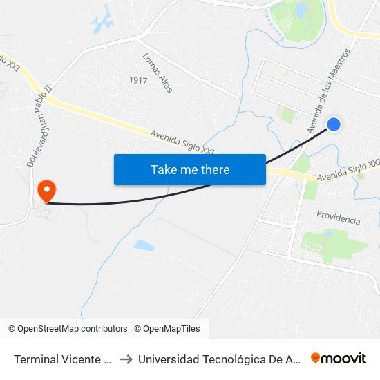 Terminal Vicente Guerrero to Universidad Tecnológica De Aguascalientes map