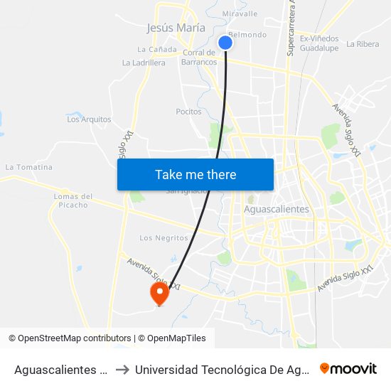 Aguascalientes 53, 337 to Universidad Tecnológica De Aguascalientes map
