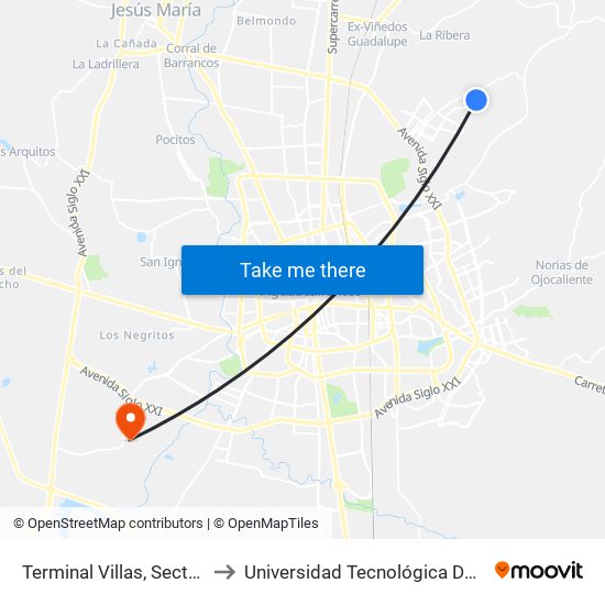 Terminal Villas, Sector Puertecito to Universidad Tecnológica De Aguascalientes map