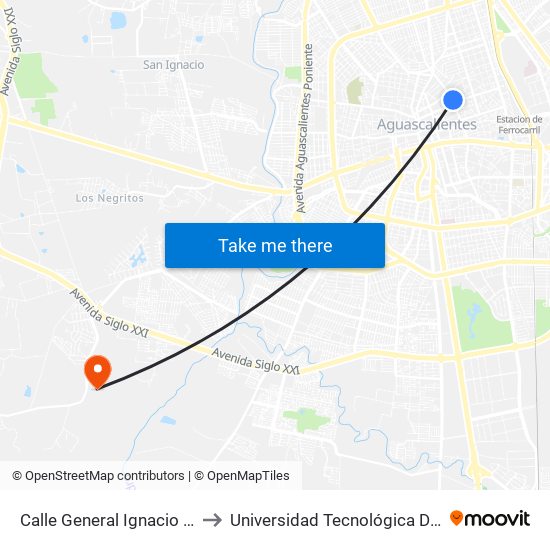 Calle General Ignacio Zaragoza, 511 to Universidad Tecnológica De Aguascalientes map