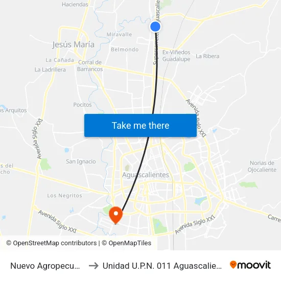 Nuevo Agropecuario to Unidad U.P.N. 011 Aguascalientes map