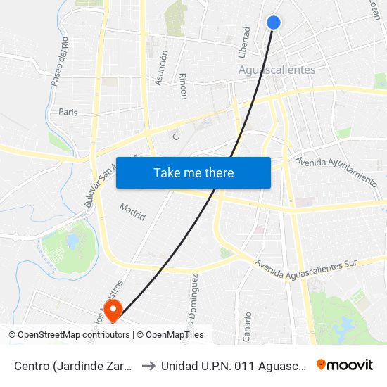 Centro (Jardínde Zaragoza) to Unidad U.P.N. 011 Aguascalientes map